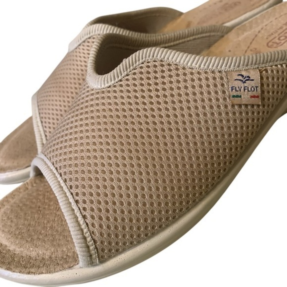 Fly Flot Ladies Size 40 US 9 Tan Fabric Mules Casual Rubber Comfort Slides Italy - Picture 9 of 12